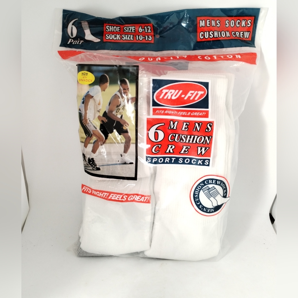 Tru-Fit White Men's Socks Cushion Crew 6 Pair/ Pack New Shoe Size 6-12 Vintage 